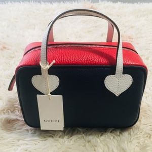 New Authentic Gucci Calfskin Kids Heart Top Handle Bag Blue Hibiscus Red